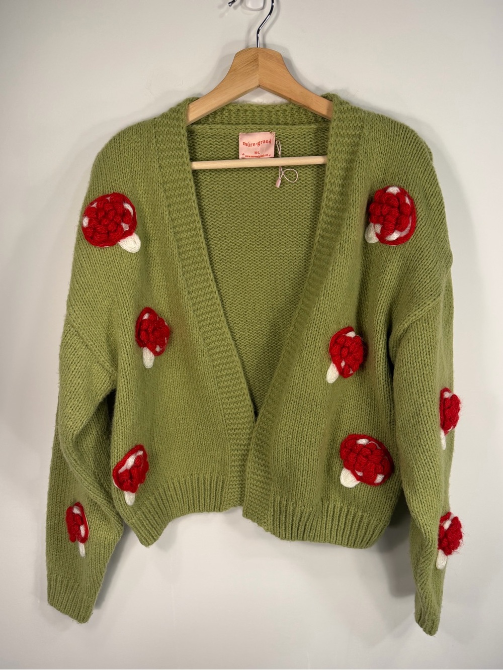 Mûre Grand M/L Olive Green Cardigan with Red and White Mushroom Appliqués